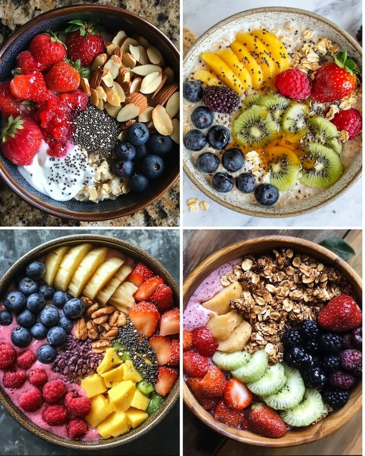 Light dinner with yogurt and fresh fruits served in a bowl.