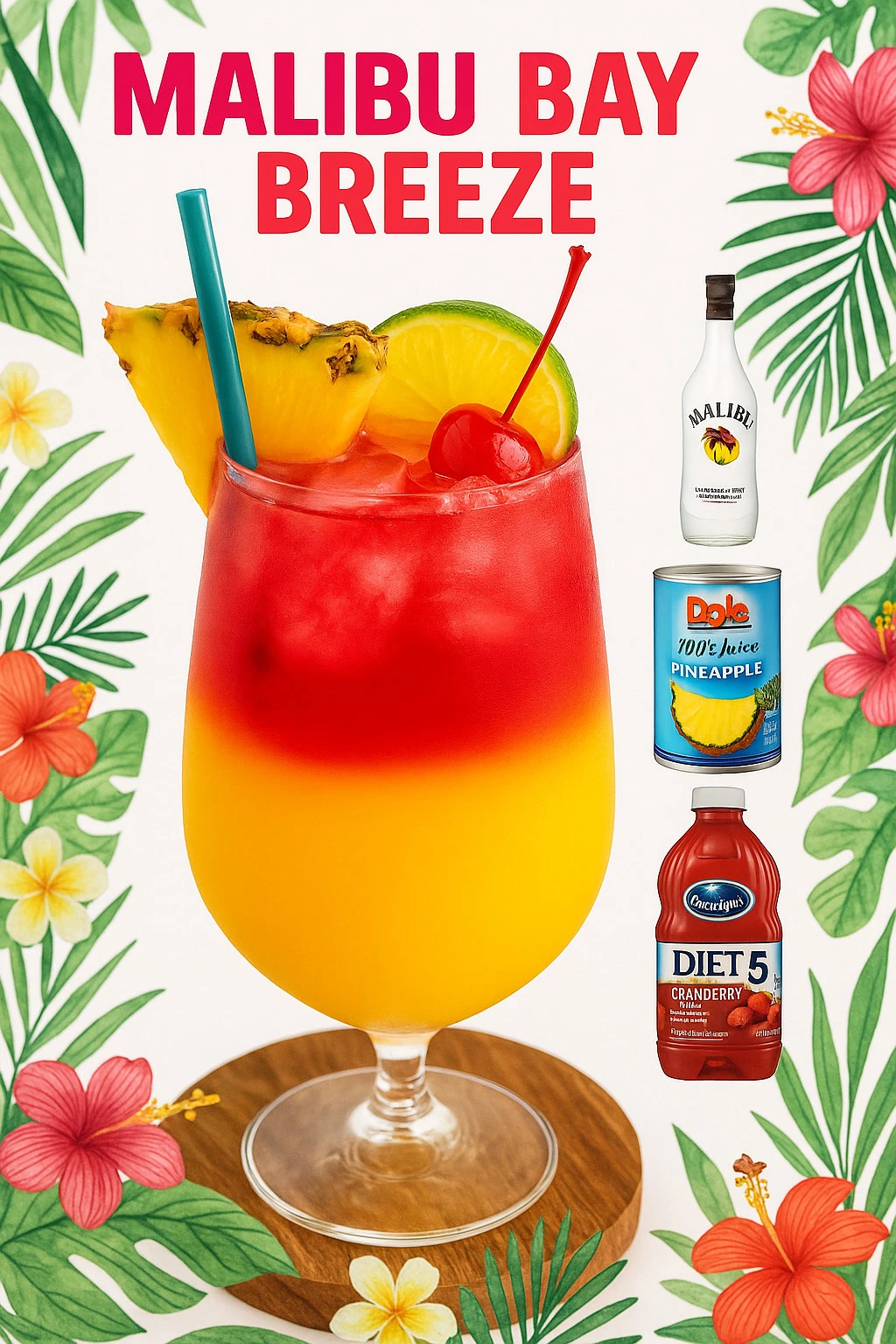 A refreshing Malibu Bay Breeze cocktail with coconut and pineapple.