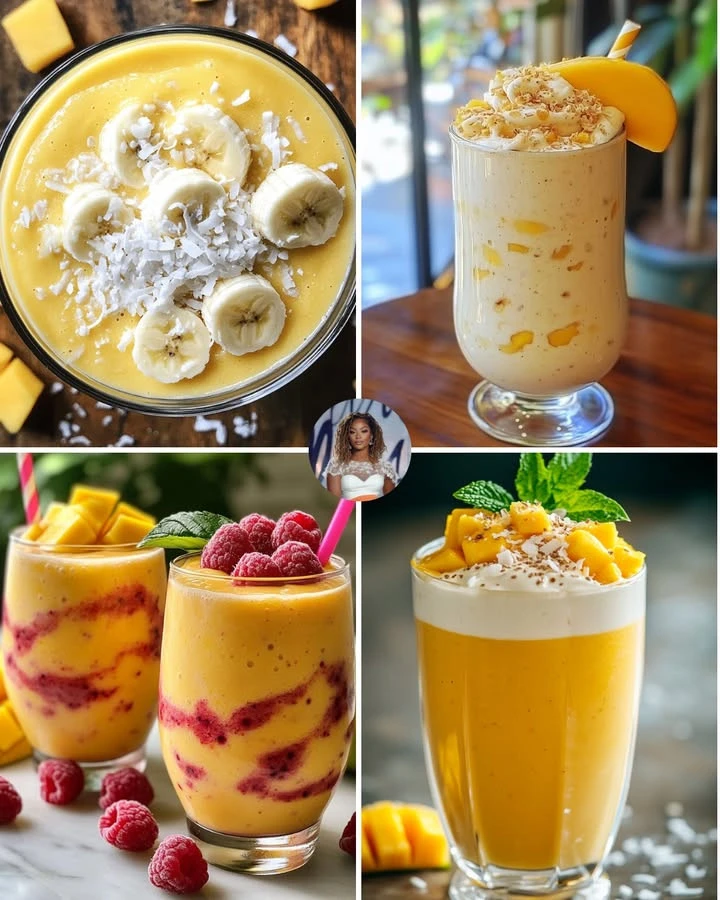 Mango coconut protein smoothie in a glass with fresh fruit