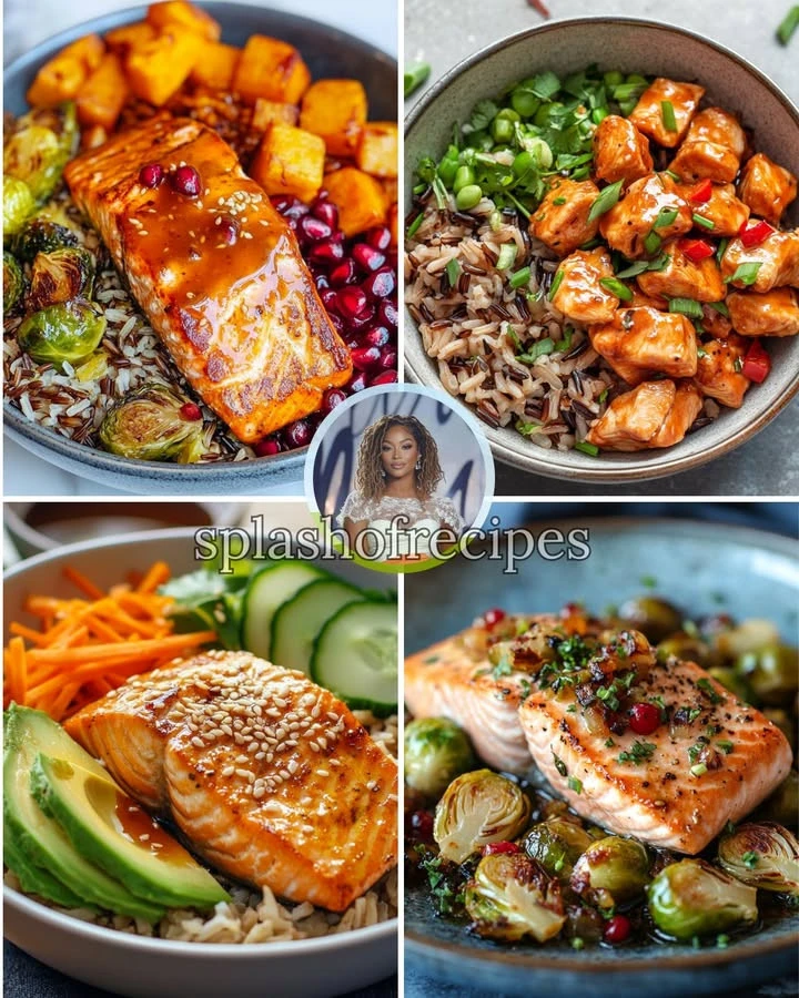 Maple Mustard Salmon served with roasted Brussels sprouts in a colorful bowl