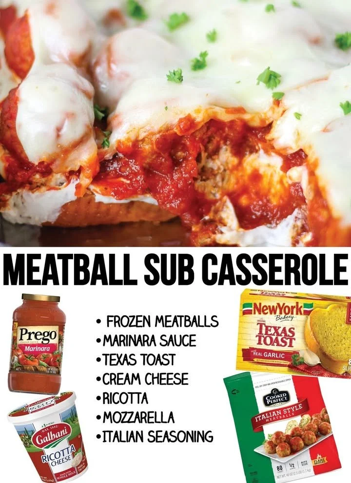 Golden meatball sub casserole topped with melted cheese and herbs.