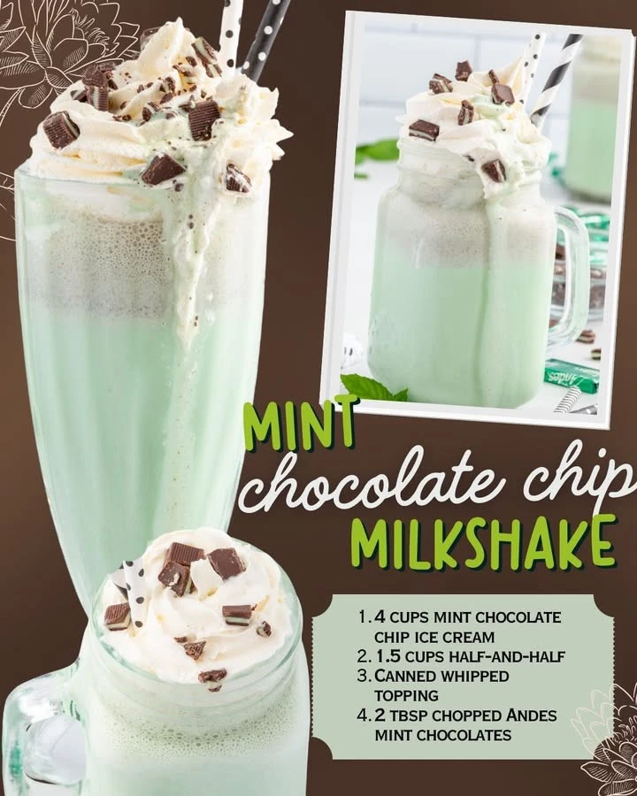 Delicious mint chocolate chip milkshake topped with whipped cream and chocolate chips