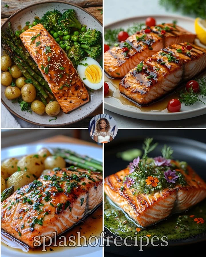 Miso glazed salmon served with roasted asparagus on a plate