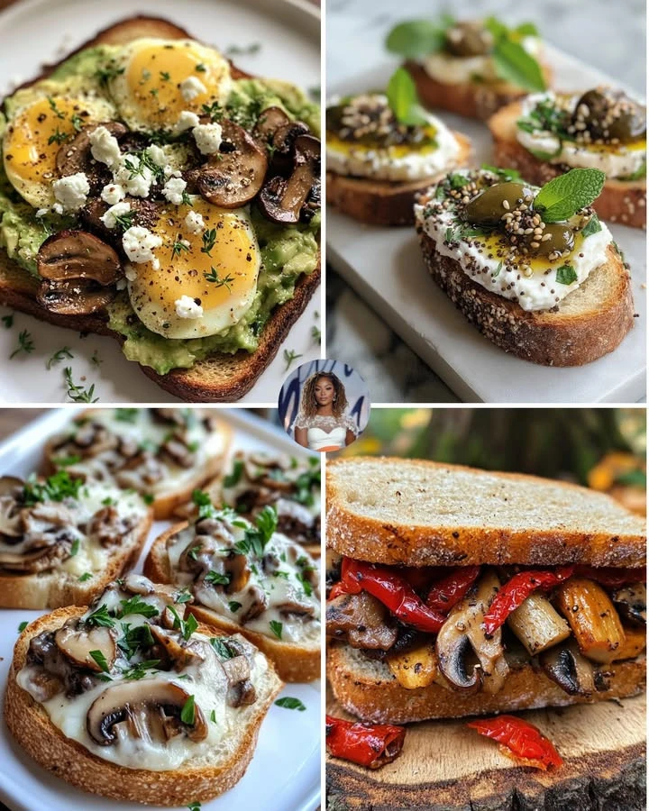 Mushroom Goat Cheese Egg Toast topped with herbs on a plate