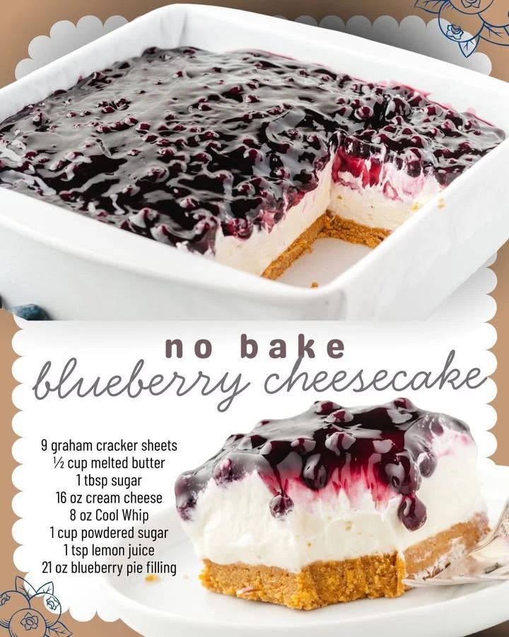 No Bake Blueberry Cheesecake topped with fresh blueberries