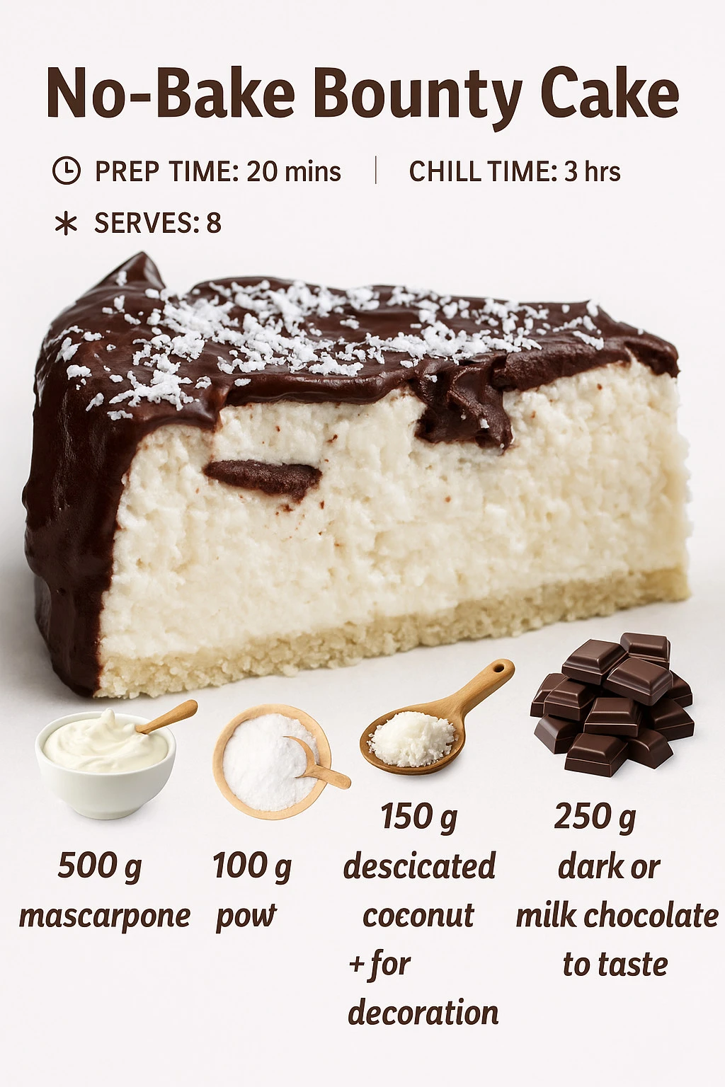 Decadent No-Bake Bounty Cake topped with coconut and chocolate layers