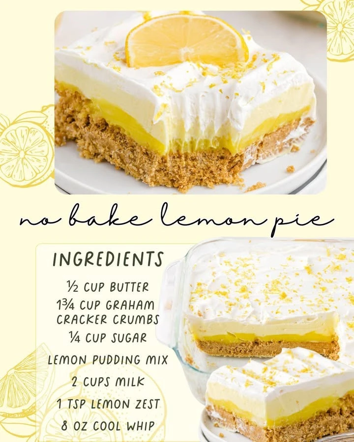 Delicious no bake lemon pie topped with whipped cream and lemon slices