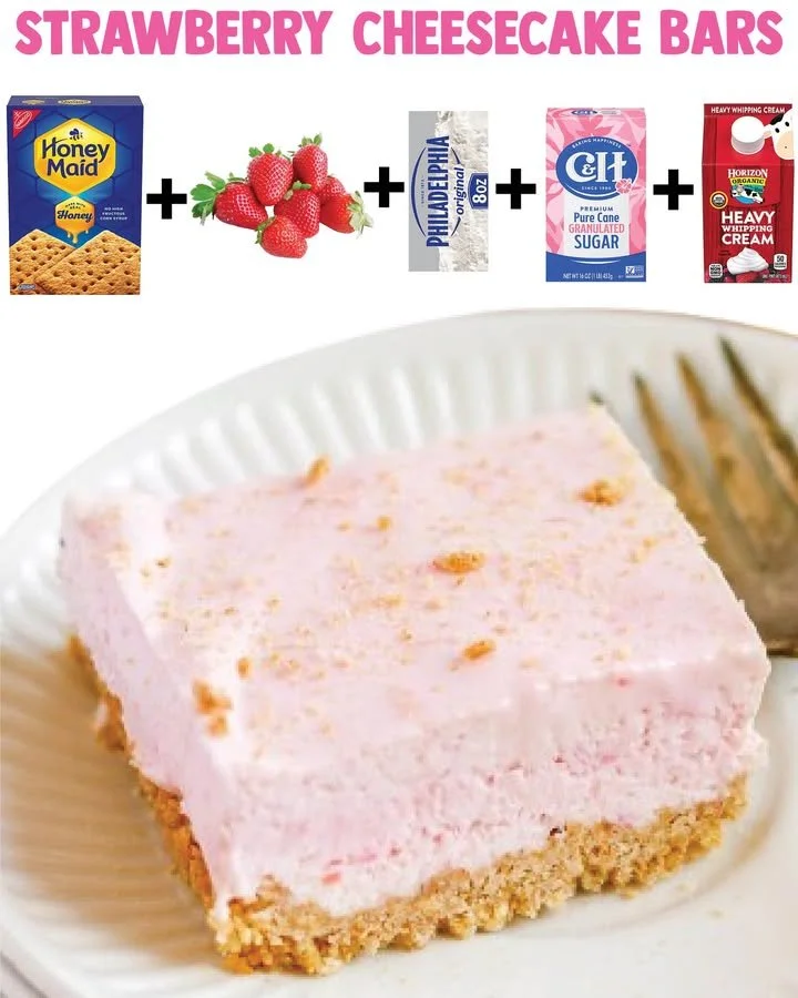 No-bake strawberry cheesecake bars topped with fresh strawberries
