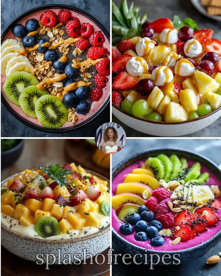 Delicious oatmeal fruit bowl topped with fresh fruits and nuts.