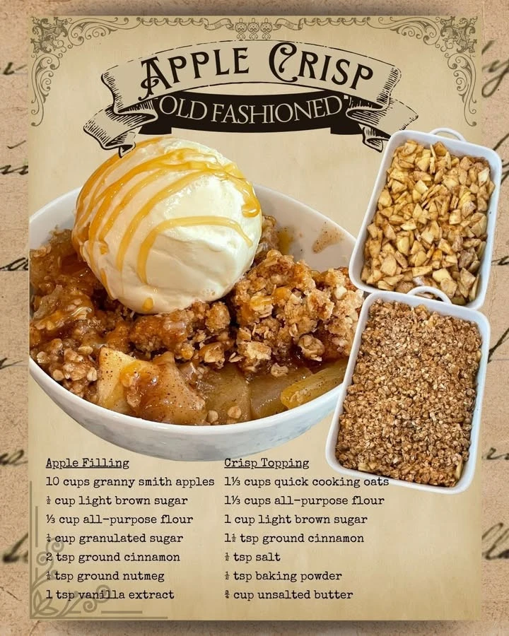 Delicious old-fashioned apple crisp with a golden topping and fresh apples