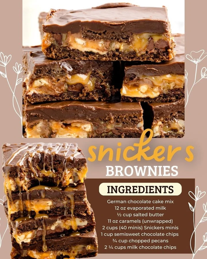 Delicious ooey gooey Snickers brownies topped with chocolate and caramel