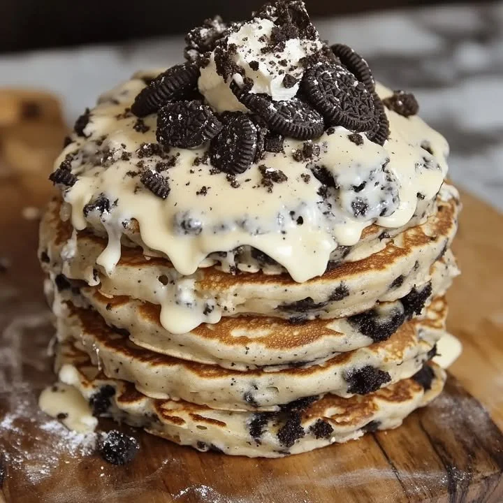Stack of Oreo pancakes with cream cheese drizzle on top