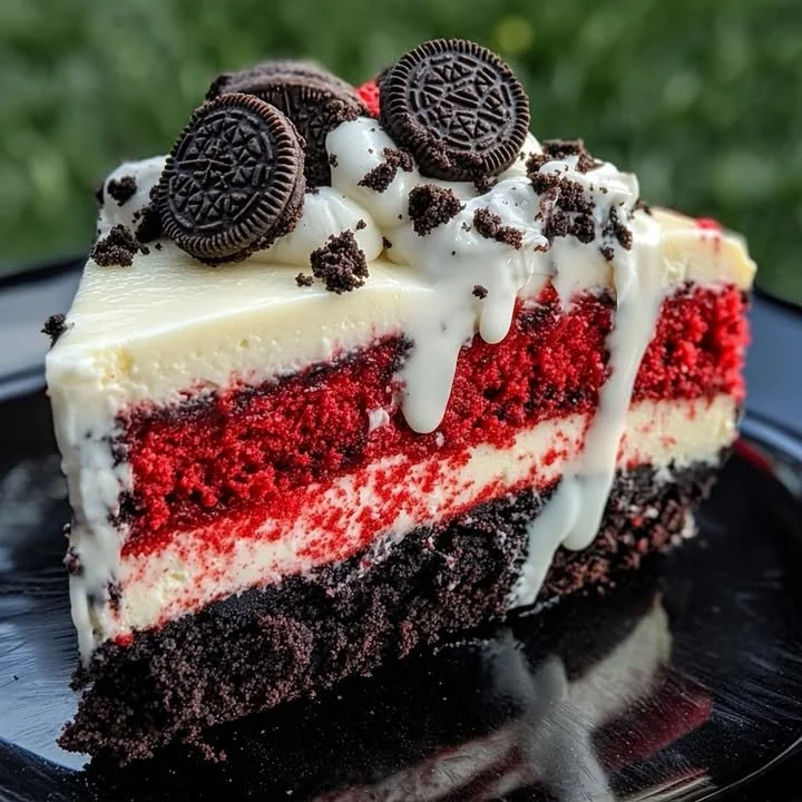 Decadent Oreo Red Velvet Cheesecake topped with chocolate ganache and cream cheese frosting