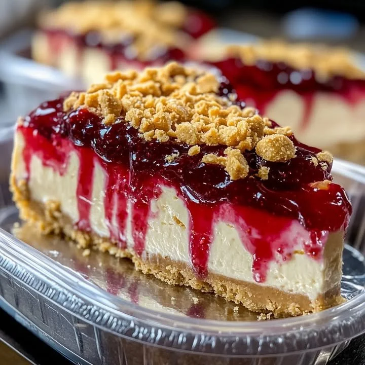 Delicious PB&J cheesecake topped with peanut butter and jelly on a plate