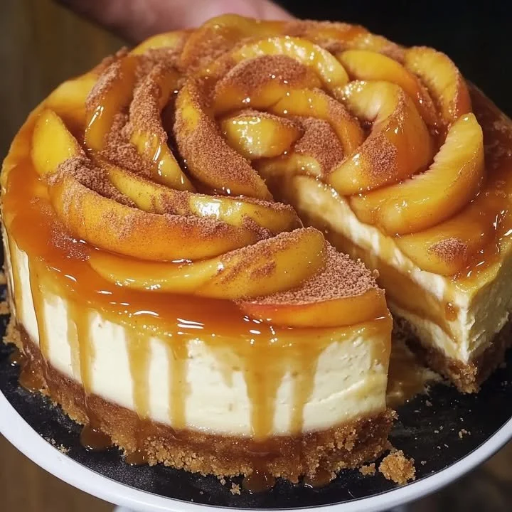 Delicious peach cobbler cheesecake topped with fresh peaches and whipped cream.