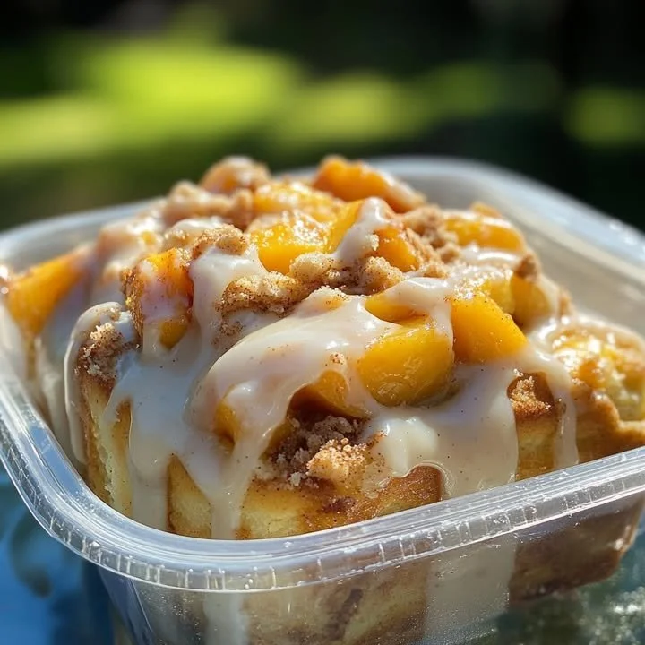 Delicious Peach Cobbler Cinnamon Rolls with fresh peaches and cinnamon glaze