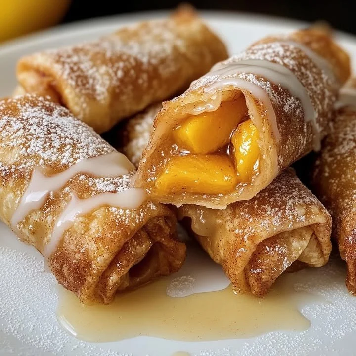 Delicious peach cobbler eggrolls served on a plate.