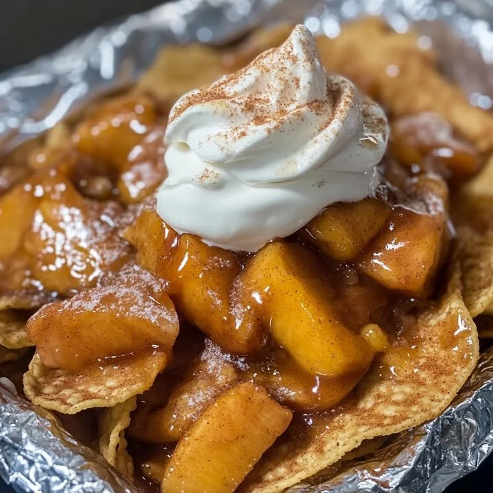 Delicious Peach Cobbler Nachos topped with fresh peaches and drizzled with caramel.