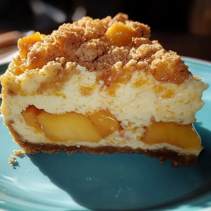 Peach cobbler stuffed cheesecake topped with fresh peaches and crust.