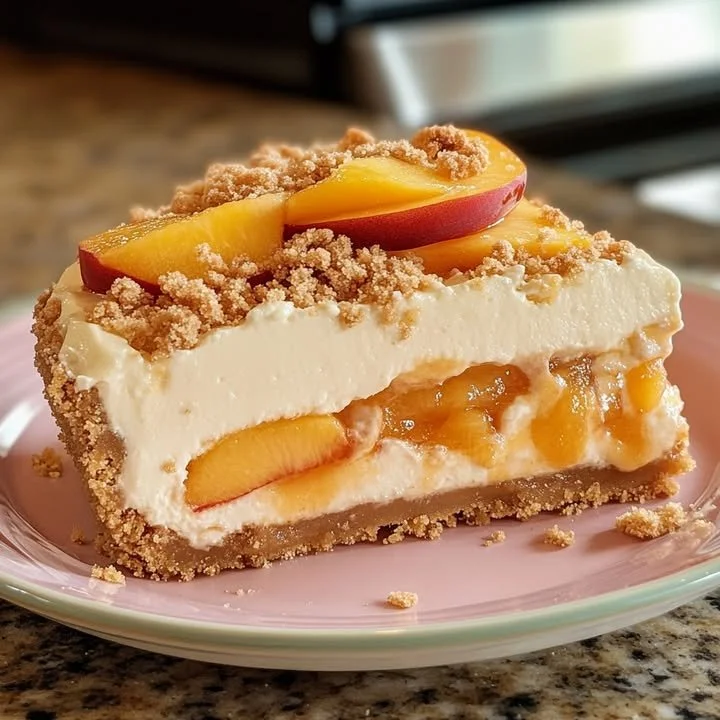 Slice of Peach Delight Cheesecake topped with fresh peach slices