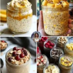 Bowl of peanut butter banana overnight oats topped with banana slices and nuts