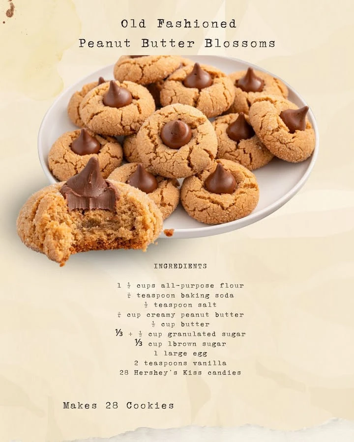 Plate of delicious Peanut Butter Blossoms cookies with chocolate kisses on top.