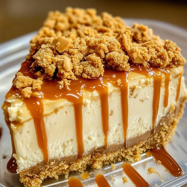Slice of Peanut Butter Caramel Cheesecake topped with caramel drizzle