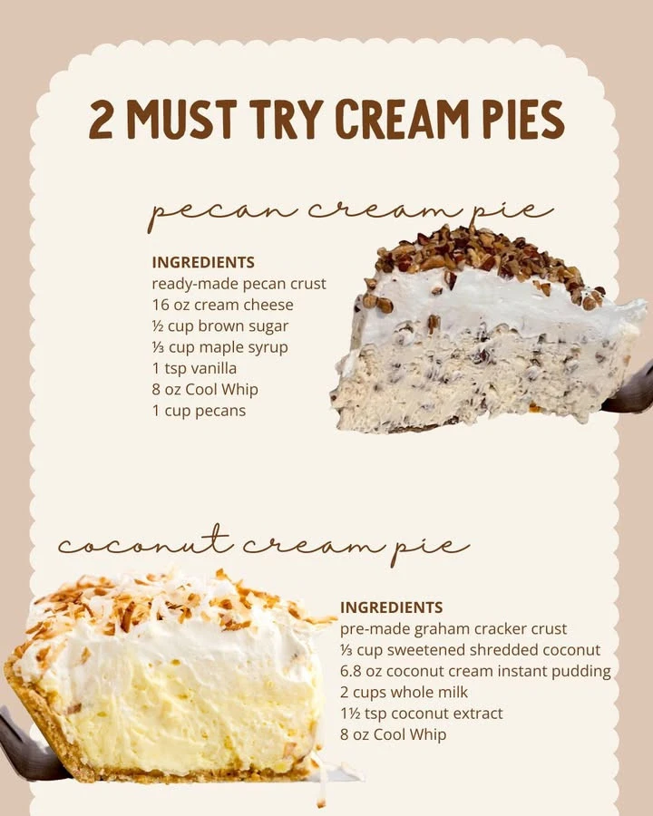 Delicious slices of Pecan Cream Pie and Coconut Cream Pie on a dessert table