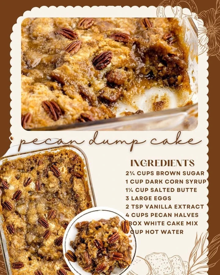 Delicious pecan dump cake topped with nuts and caramel