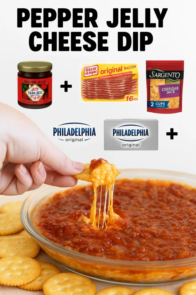 Pepper jelly cheese dip served with crackers and veggies.