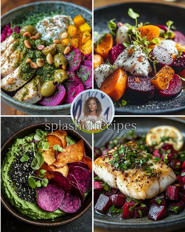 Pesto Chicken & Beet Hummus Bowl topped with fresh ingredients