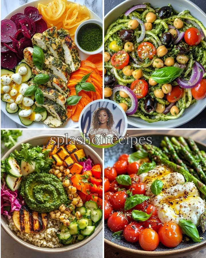 Pesto Chicken with colorful rainbow veggie ribbons served on a plate