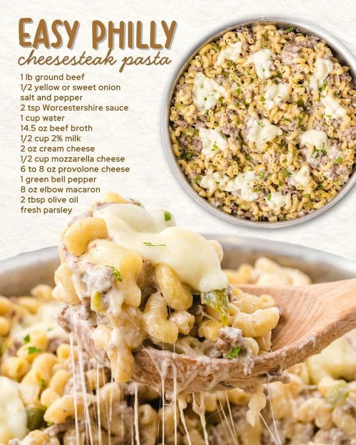 Delicious Philly Cheesesteak Pasta served in a bowl with fresh herbs