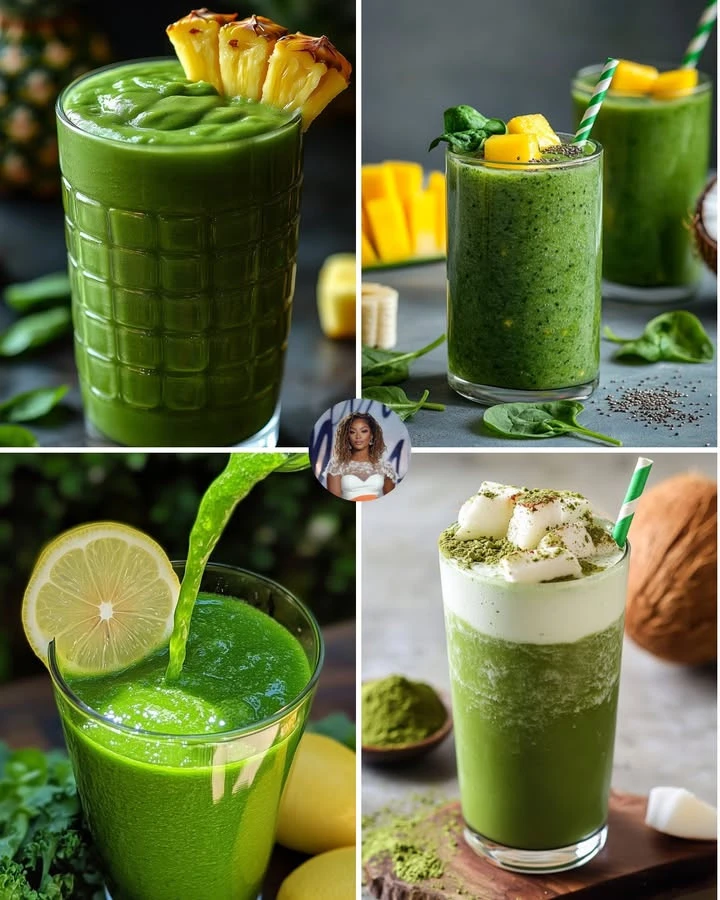 Pineapple Kale Smoothie in a glass with fresh ingredients on a wooden table