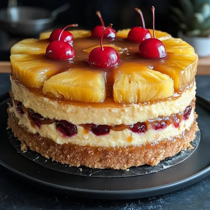 Slice of Pineapple Upside-Down Cheesecake with caramelized pineapple topping