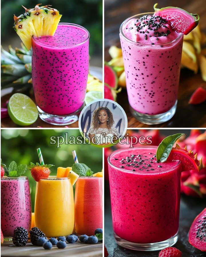 Glass of pink dragon fruit and pineapple juice served in a tropical setting