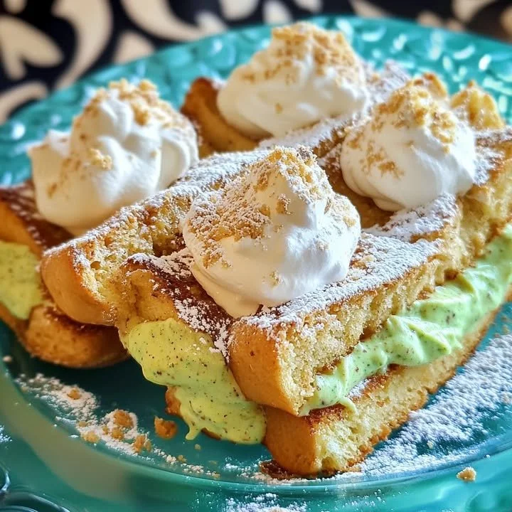 Pistachio pie stuffed French toast on a plate with syrup and nuts