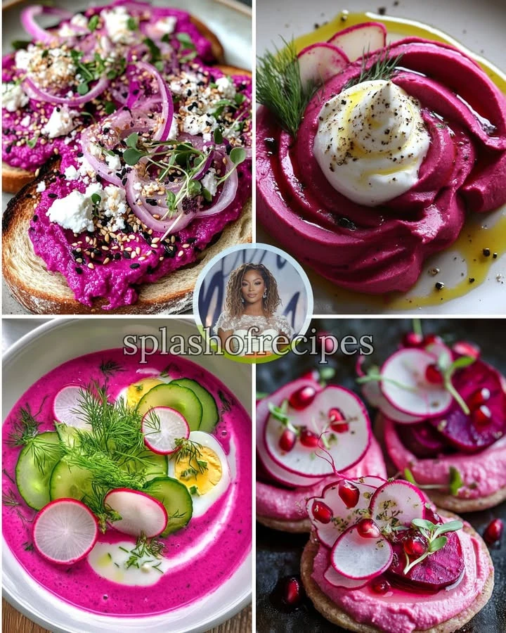 Purple toast topped with beet hummus and crumbled feta cheese