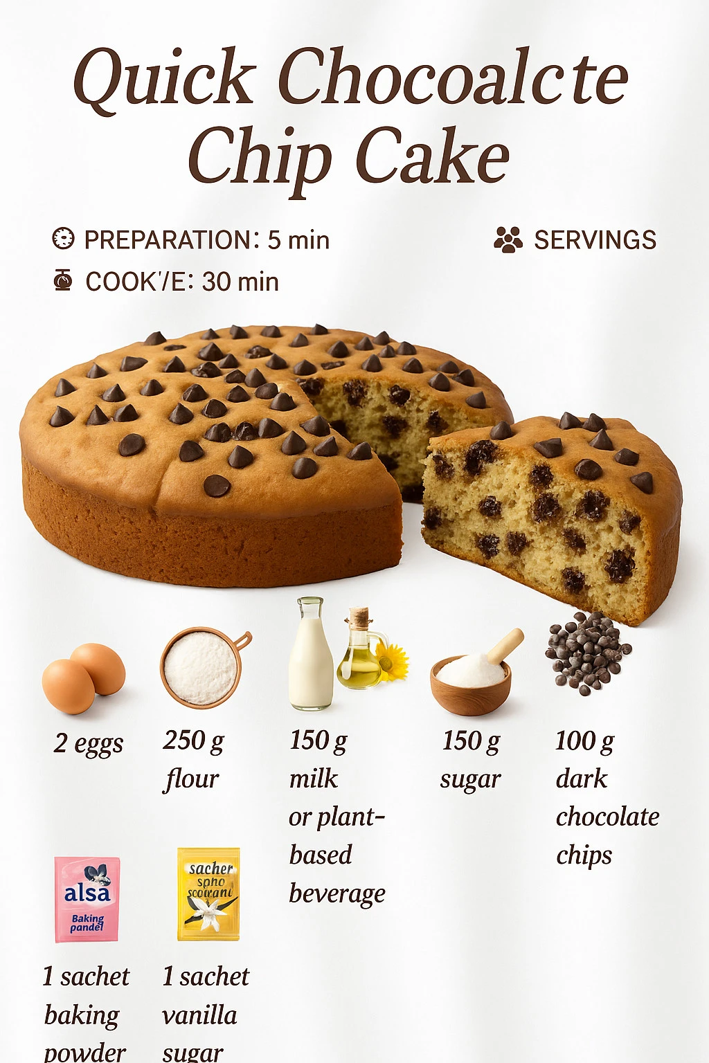 Slice of quick chocolate chip cake on a white plate