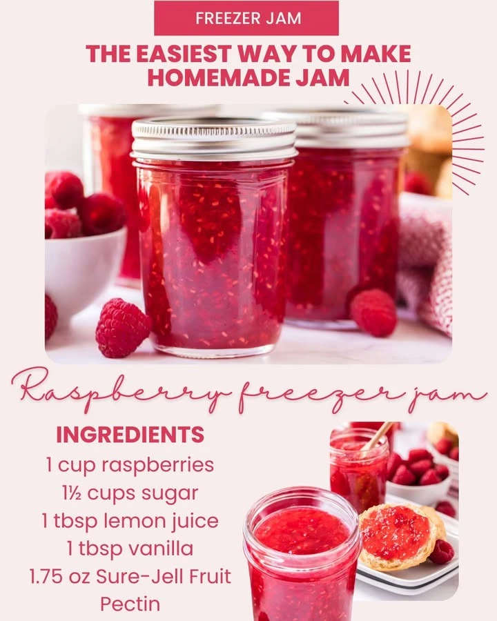 Homemade Raspberry Freezer Jam in a glass jar with fresh raspberries