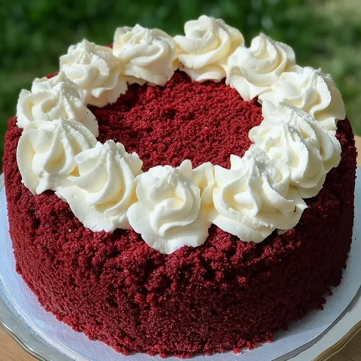 Delicious slice of Red Velvet Cheesecake topped with cream cheese frosting