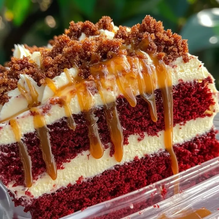 Delicious Red Velvet Cheesecake Cake topped with caramel drizzle