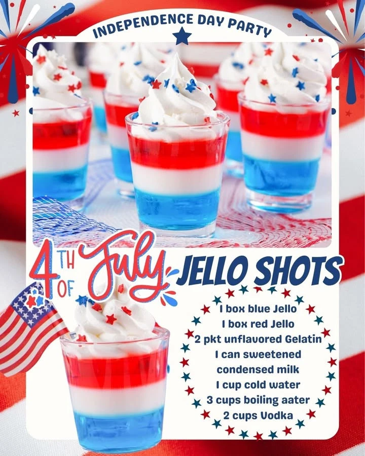 Red, White & Blue Jello Shots in clear cups on a festive table