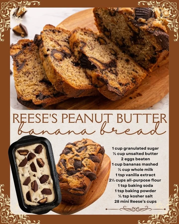 Delicious REESE'S peanut butter banana bread slice on a plate.