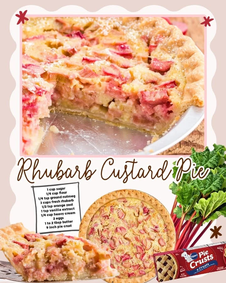 Slice of homemade Rhubarb Custard Pie with a flaky crust and vibrant rhubarb filling