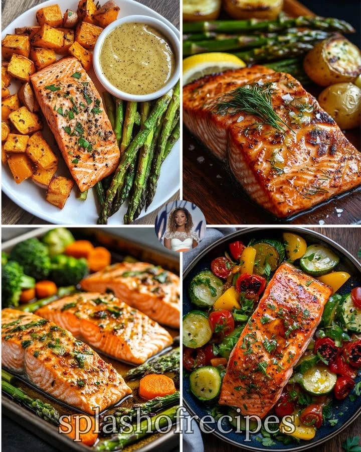 Plate of roasted sweet potatoes and baked salmon garnished with herbs