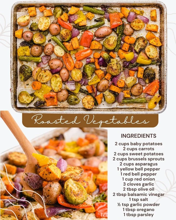 Colorful roasted vegetables including carrots, bell peppers, and zucchini