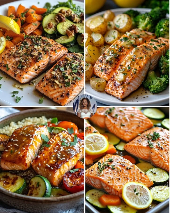Delicious salmon plate with roasted vegetables served on a white dish.