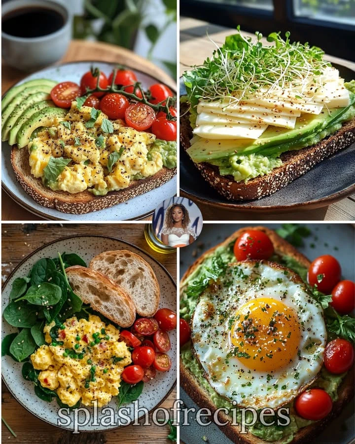 Scrambled eggs served on avocado toast with a sprinkle of herbs.