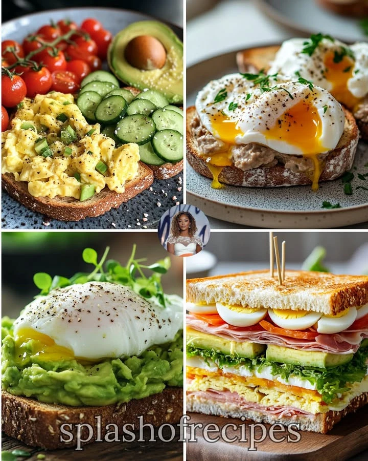 Scrambled eggs served on top of toast with sliced avocado for a healthy breakfast